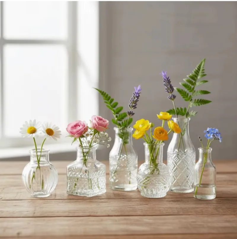 10-12 PCS/SET Retro Relief Mini Glass Vase European Crystal Transparent Vase Elegant Decorative Small