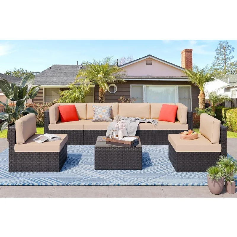 Outdoor patio furniture set, outdoor rattan sofa, hand-woven wicker patio dialogue cushion