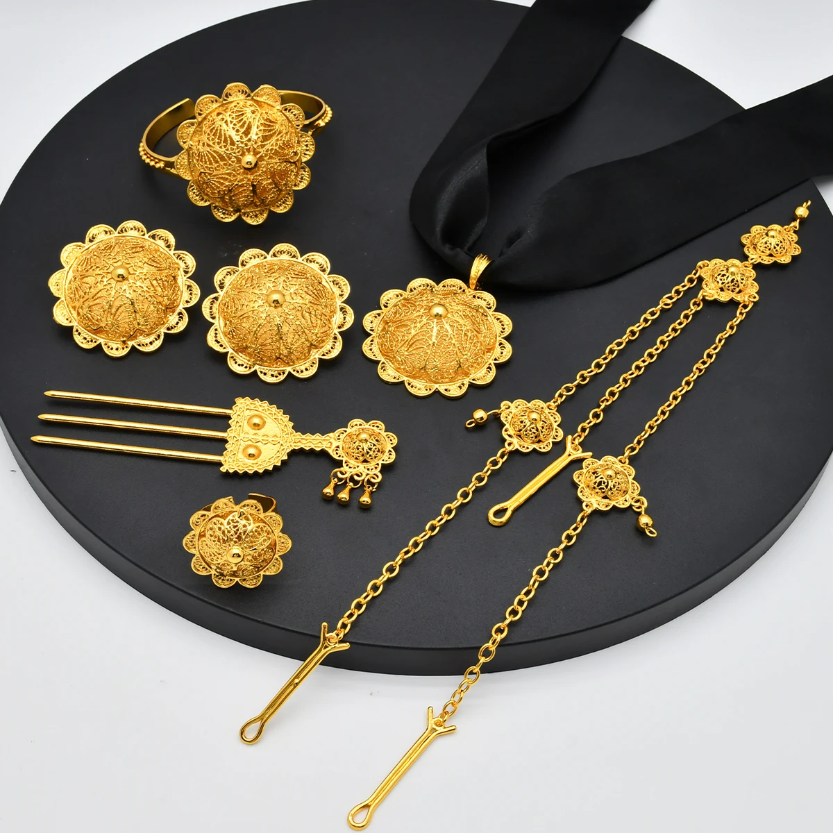 ANIID Ethiopian Flower Designer 6pcs Necklace Jewellery Set For Lady Wedding Nigerian Luxury Golden Jewelry Sets Banquet Gifts