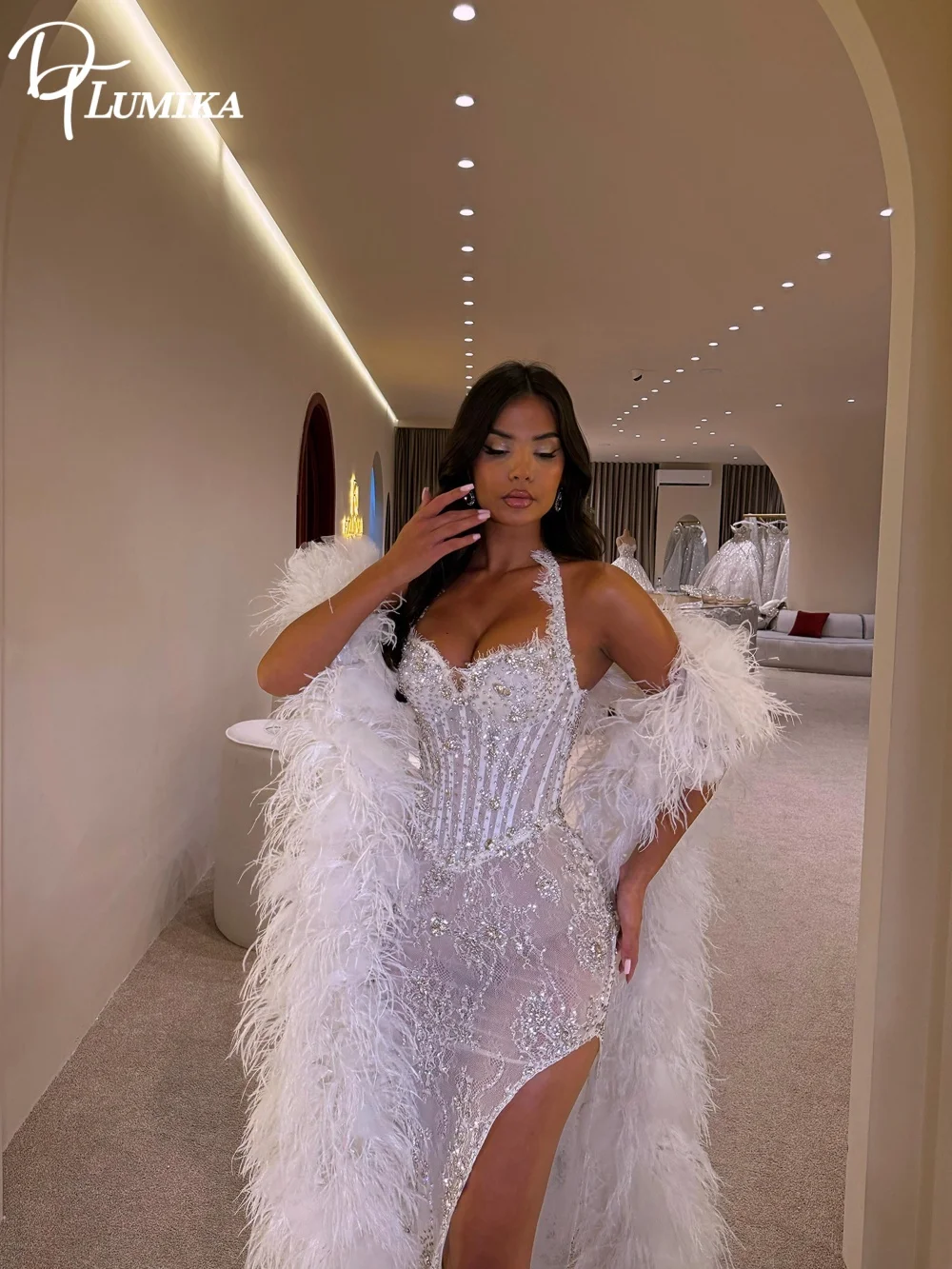 Chic Halter Corset Mermaid Wedding Dress Sparkling Crystal Slit Bridal Gown With Long Feather Coat Vestidos De Novia Customized