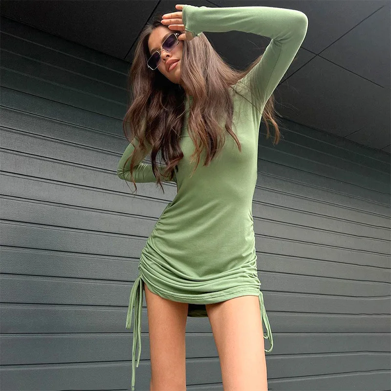 Ruched O Neck Long Sleeve Bodycon Dress Women Drawstring Bandage Mini Dresses Y2k Summer Fashion Sexy Party Vestidos