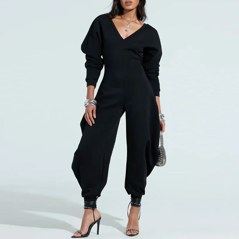Spring Lady Casual Long Sleeve Long Rompers Summer Elegant Commute Sport Playsuits Sexy Deep V-neck Hight Waist Solid Jumpsuits
