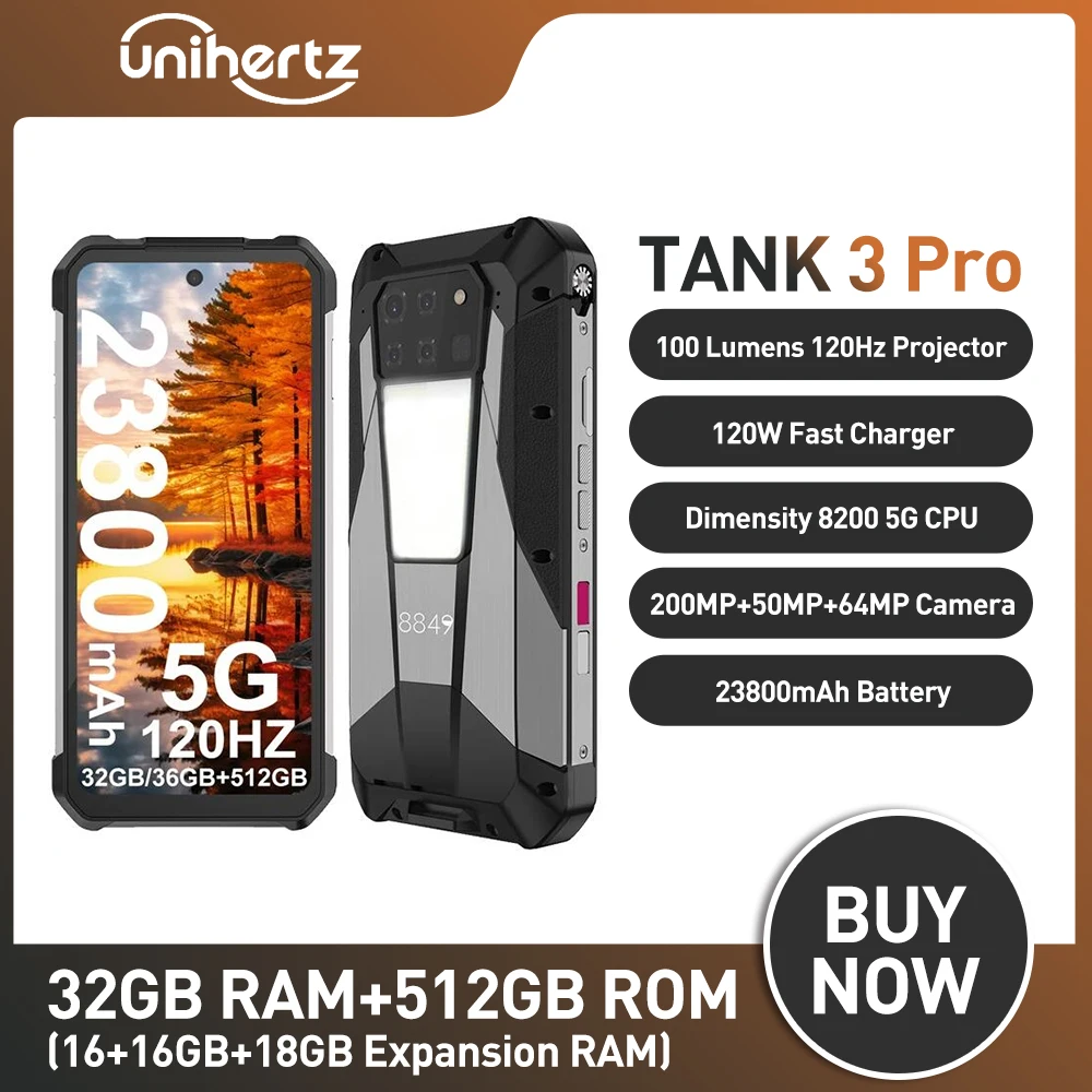 8849 Tank 3 Pro by Unihertz con proiettore 100 lumen 120Hz, 32GB/36GB di RAM,512GB di ROM, caricabatterie rapido 23800mAh 120W, fotocamera 5G,200MP