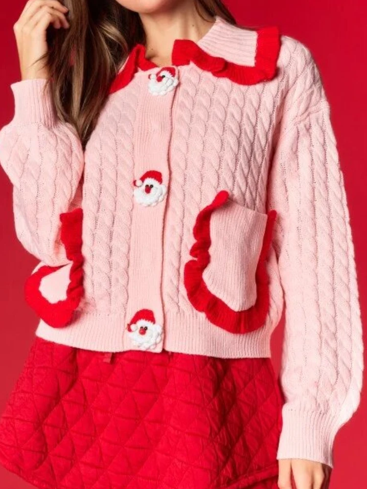 

Christmas Doll Collar Sweater Women 2025 Fall Winter New Cute Party Cardigan Sweater Fashion Women's Clothing