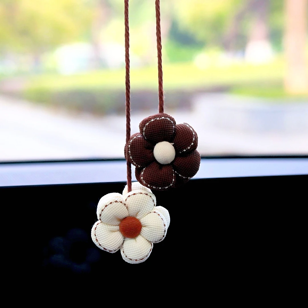 1/2PCS Trendy Fabric Floral Car Hanging Decor Handcrafted Brown & White Flower Ornament for Auto Rearview Mirror Car Accessories