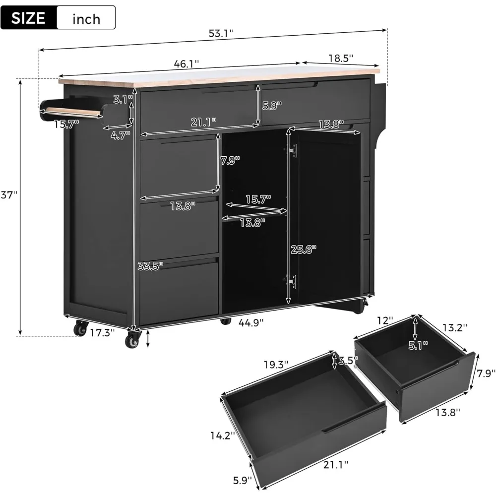 Rolling Kitchen Cart with Rubber Wood Countertop ,8 Handle-Free Drawers and 5 Wheels for Dining Room, Black