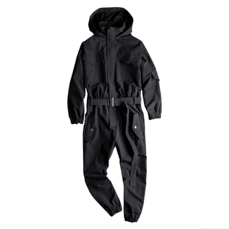 

Men's Jumpsuit Summer Long Sleeve Hooded Multi-Pocket Beam Feet Overalls Streetwear Clothes Cargo Pants Hip Hop Black Trousers