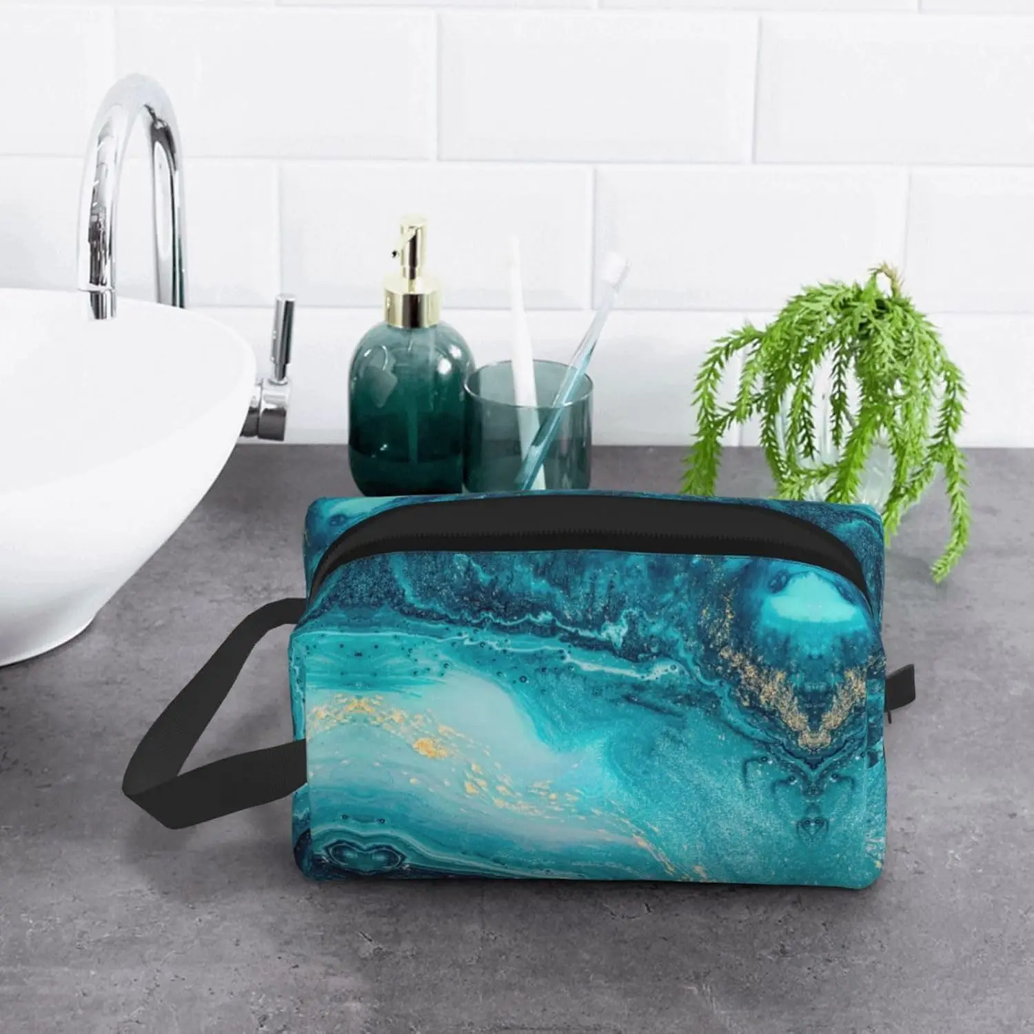 Stone Blue Gold Marble Print Large Capacity Cosmetic Organizer for Women and Men Portable Travel Makeup Pouch