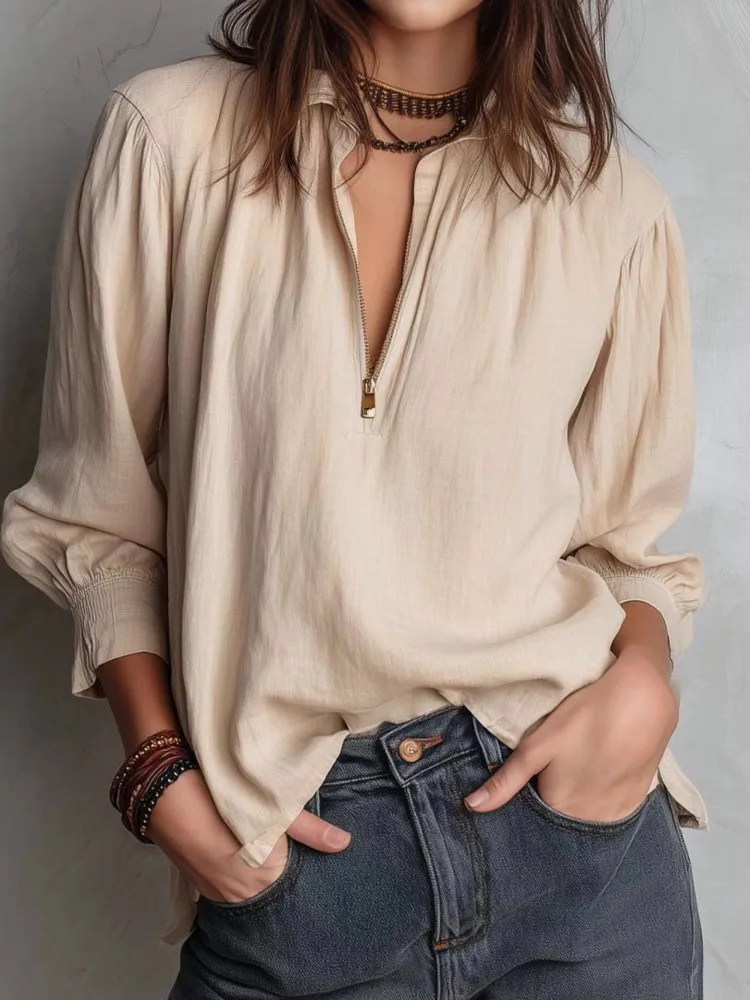 

Новая женская повседневная однотонная рубашка с длинным рукавом, отложным воротником и молнией, топ-пуловер для офиса и отдыха