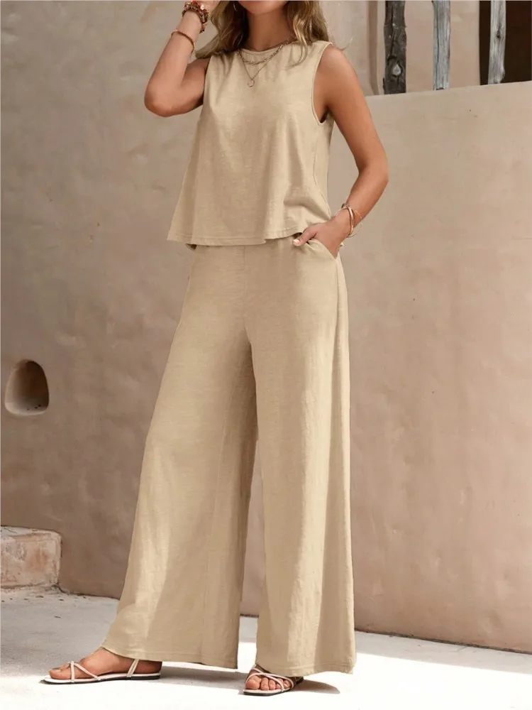 

Summer New Trend Versatile Loose Casual Suit Personality Street Sleeveless Pullover Round Neck Wide-leg Trousers Two-piece Set