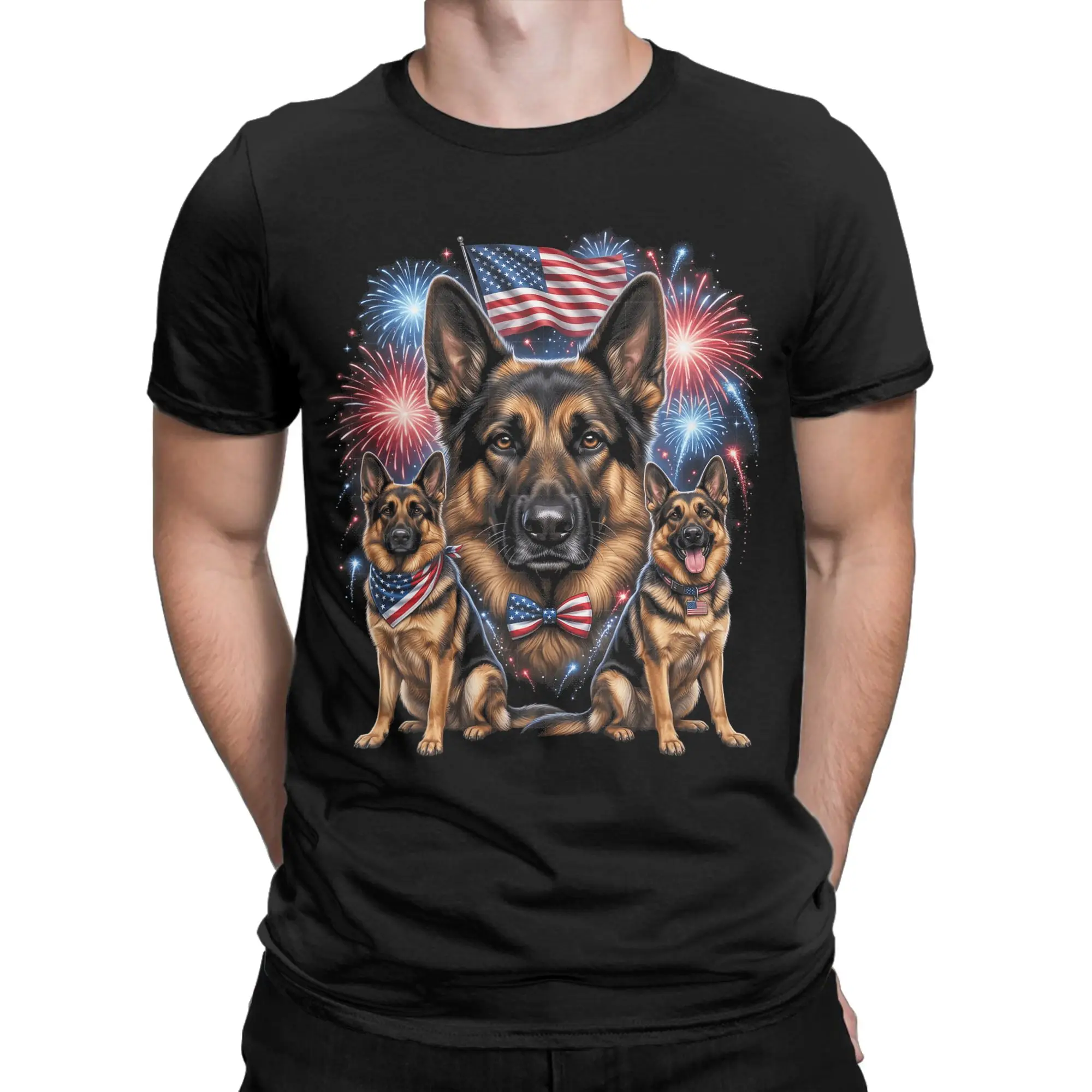 Novelty Patriotic German Shepherd 4th of July T-Shirts Men Women's Crew Neck Pure Cotton T Shirt Dog Tee Shirt Printing Clothes