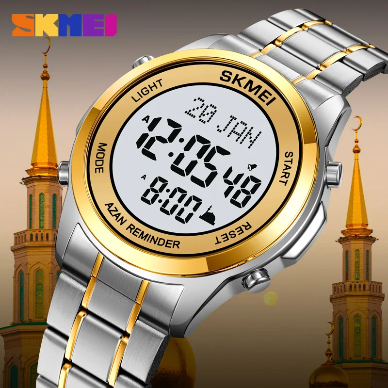 Men Electronic Watches Stainless Steel Muslim Azan Men Digital Watch For Men Prayer With Qibla Compass Gregorian Hijri Calendar