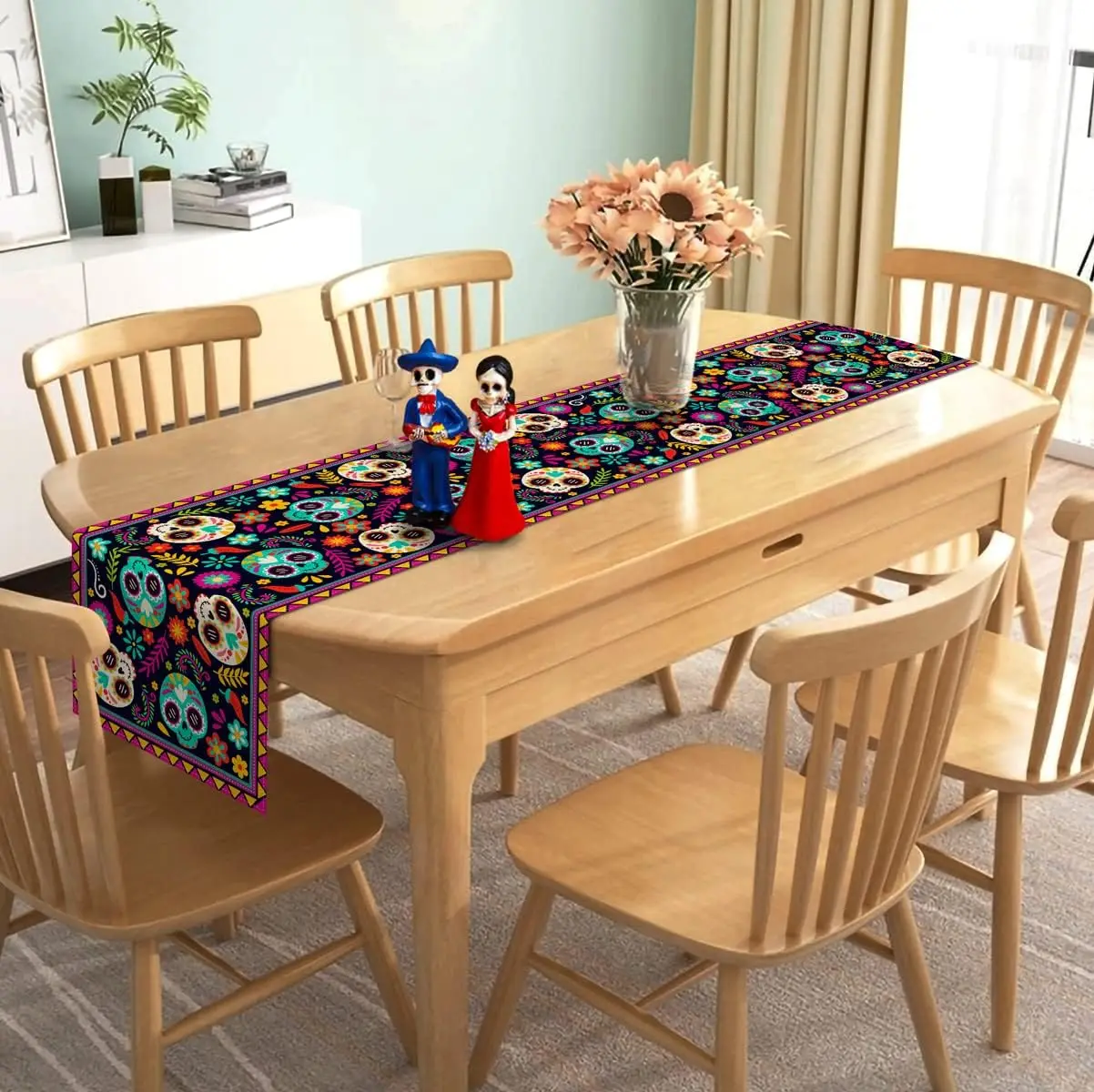 Mexican Fiesta Sugar Skull Floral Linen Table Runners Holiday Party Decor Reusable Dining Table Runners Dining Room Decorations