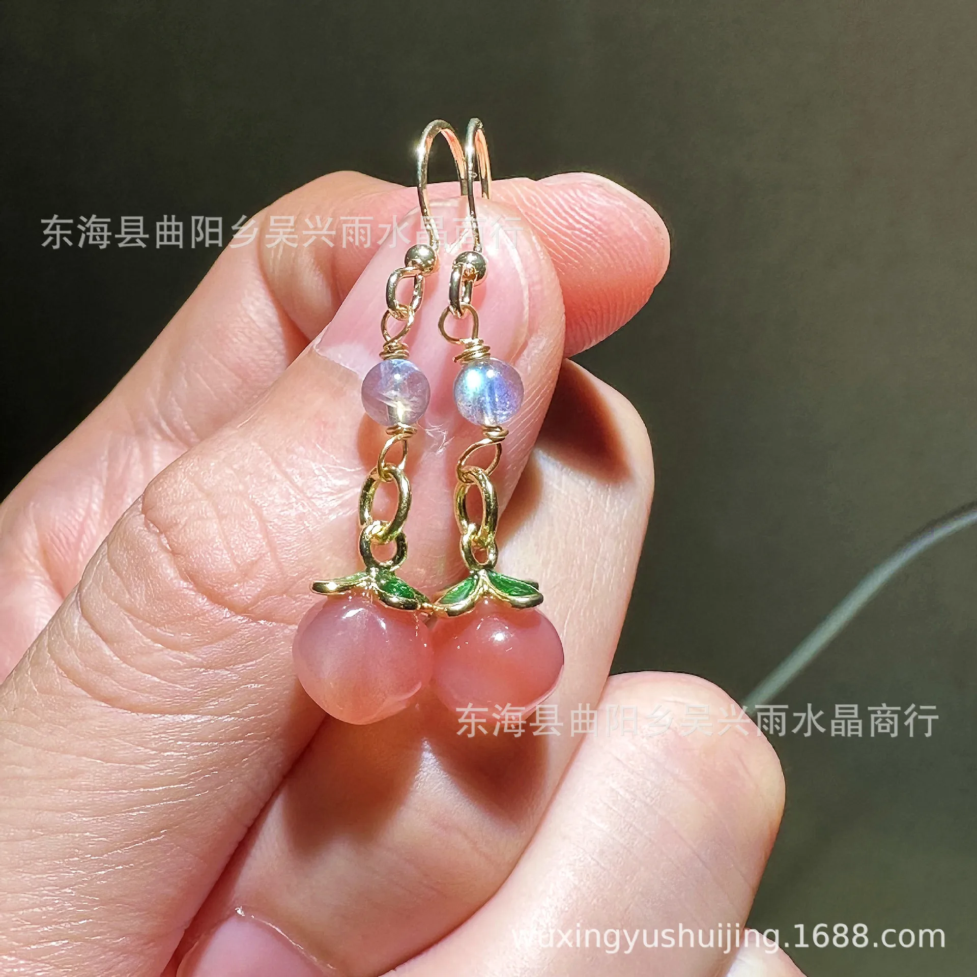 14k gold winding natural elongated stone gray moonlight plus salt source agate peach, ear hook earrings earrings stud earrings