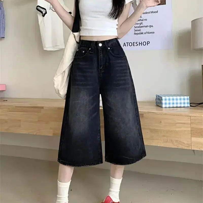 American Cropped Denim Shorts Women Spring Summer New Retro High Waist Washing Pants Loose And Versatile Casual Wide Leg Pants