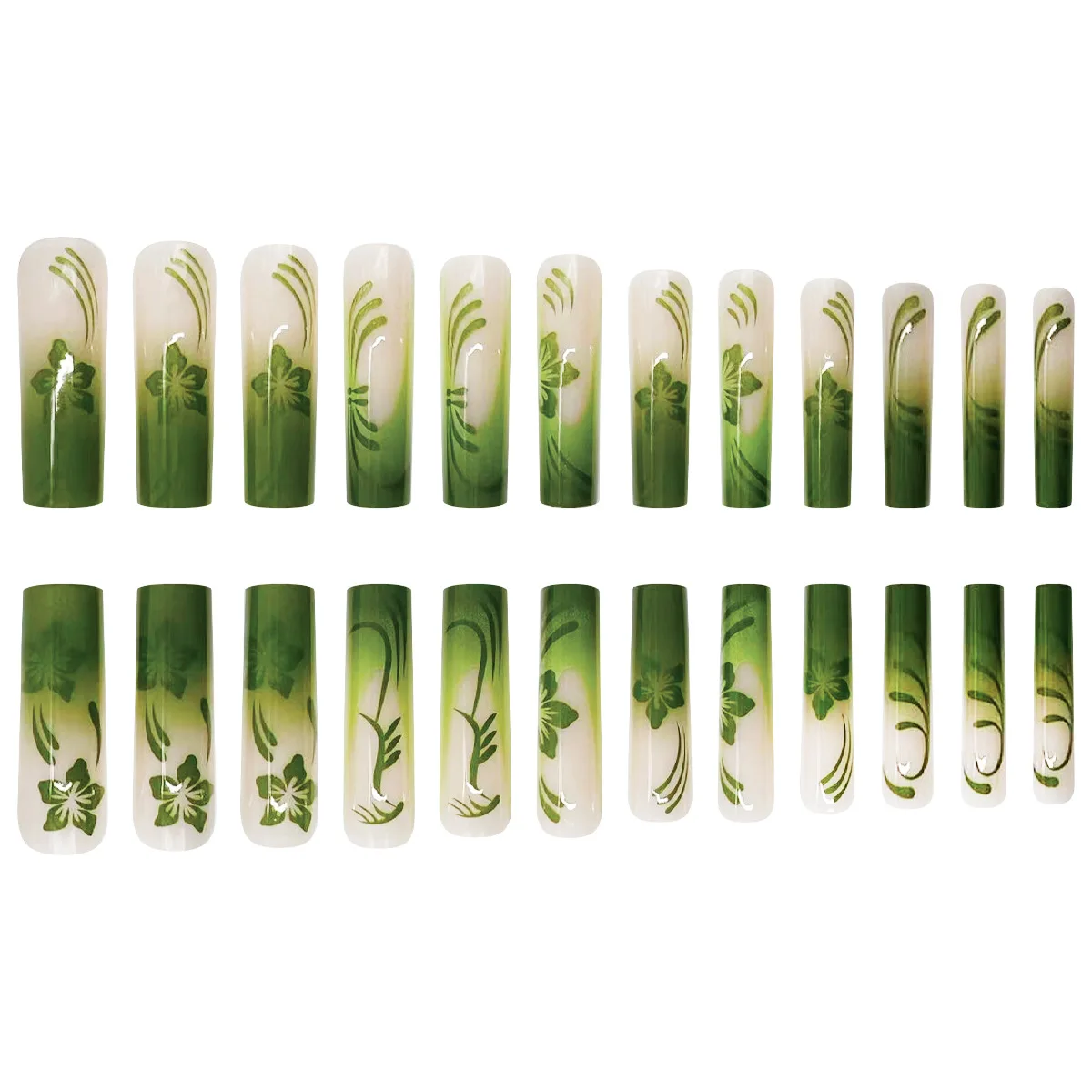 24pcs Long Ballet Press on Nails Gradient Green Spring Flower Pattern False Nails Patches Japanese Style Wearable Fake Nails