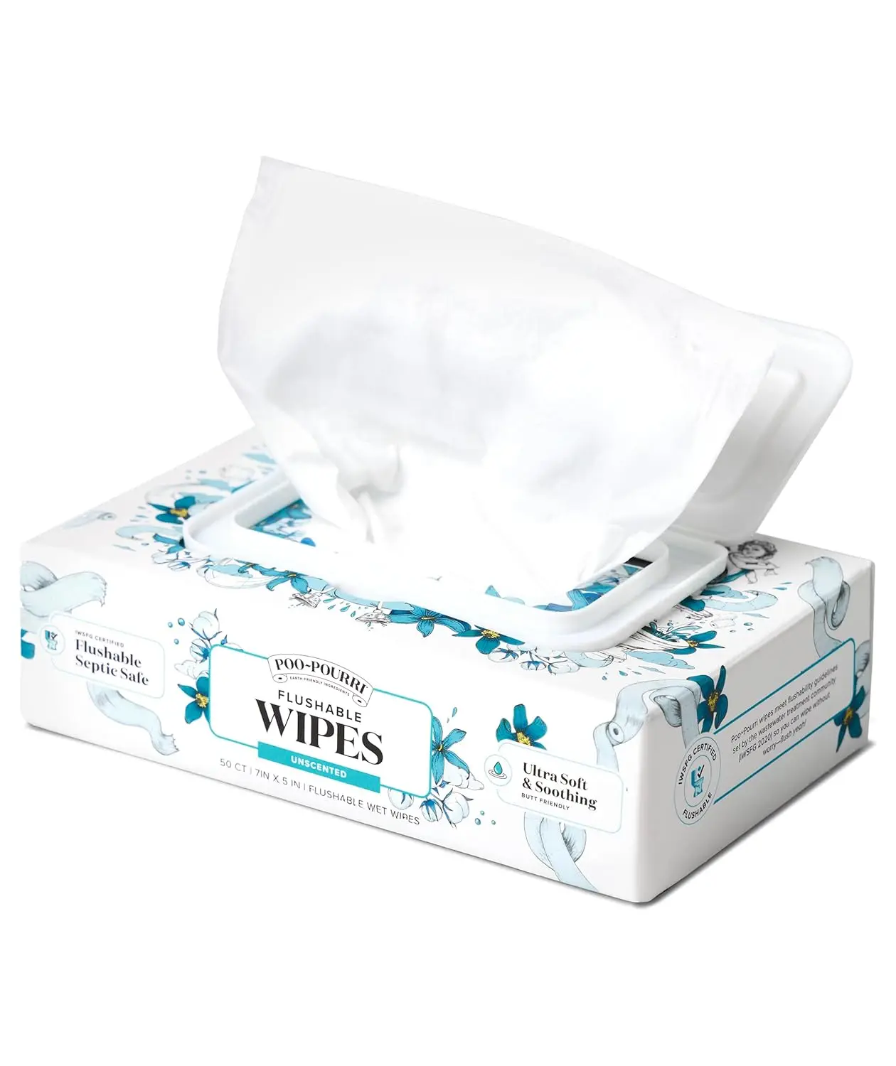

Unscented Flushable Wipes - Plant Based Fibers, Aloe, Vitamin E, Chamomile, Oat Extract - 50 Count Dispenser Box - Septic & Sewer Safe, Sensitive Skin Safe