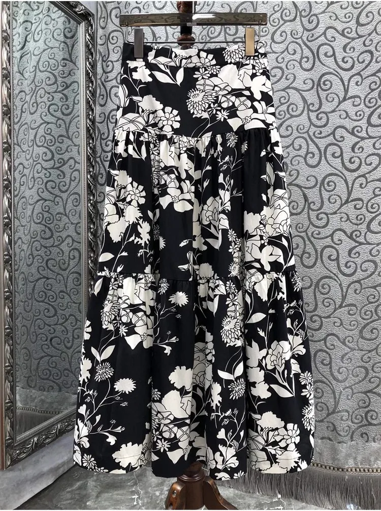 

100%Cotton Long Skirts High Quality Skirt 2024 Summer Fashion Ladies Elastic Waist Elegant Floral Prints Long Maxi Skirt Clothes