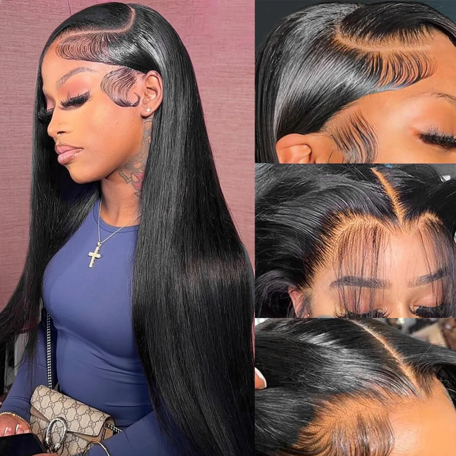 32 pouces perruques droites cheveux humains pré plumé droite dentelle avant perruques cheveux humains 200 densité 13x4 HD dentelle frontale perruque pour les femmes