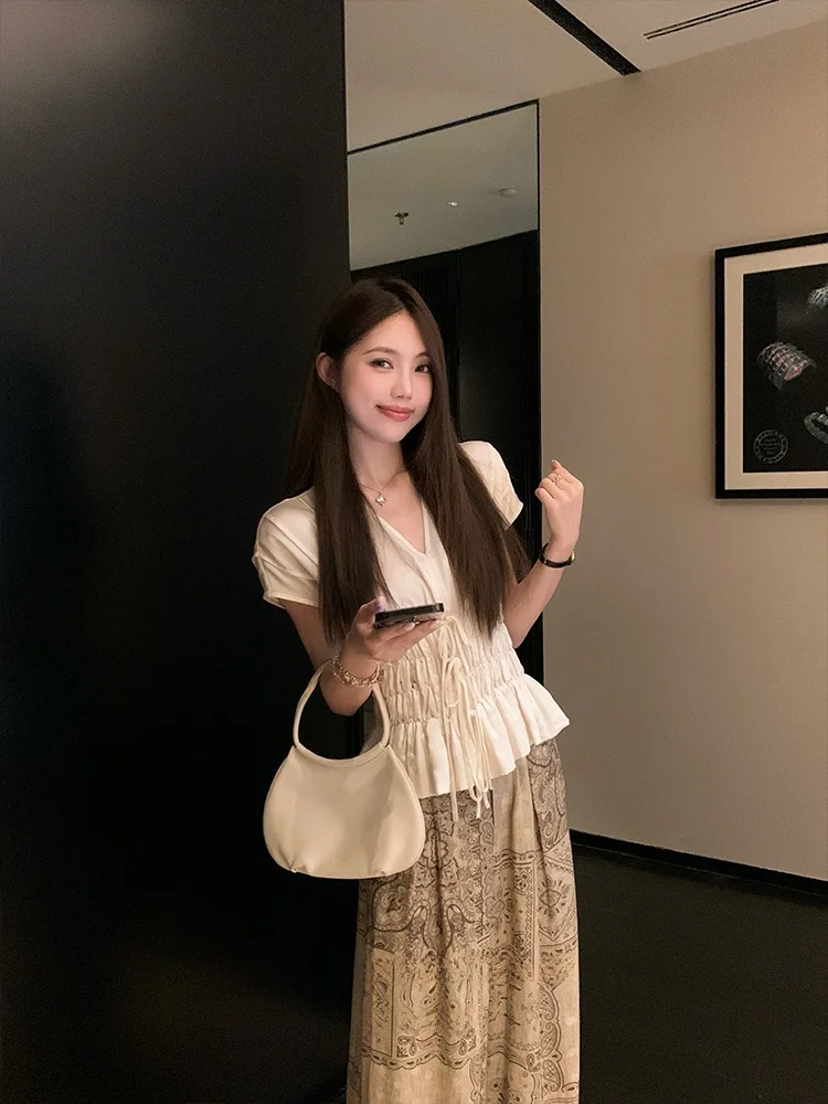 

Женская блузка Bla Bean с V-образным вырезом, коротким рукавом, поясом, в стиле пэчворк, из смесового полиэстера, для повседневной носки