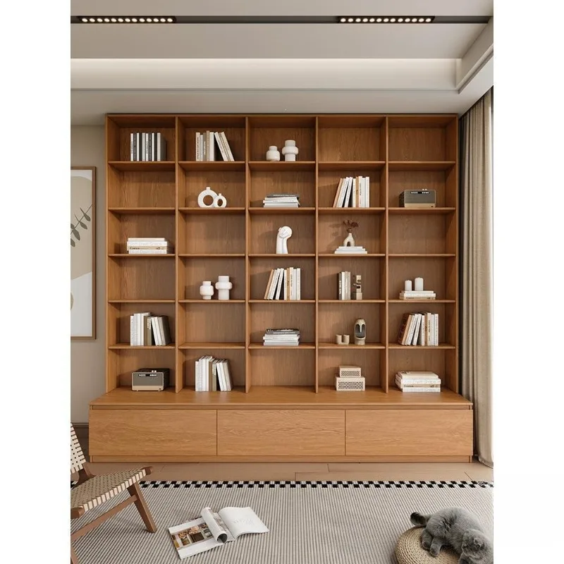 Oak study full wall card seat integrated bookcase, bookshelf, living room to the top solid wood ornament