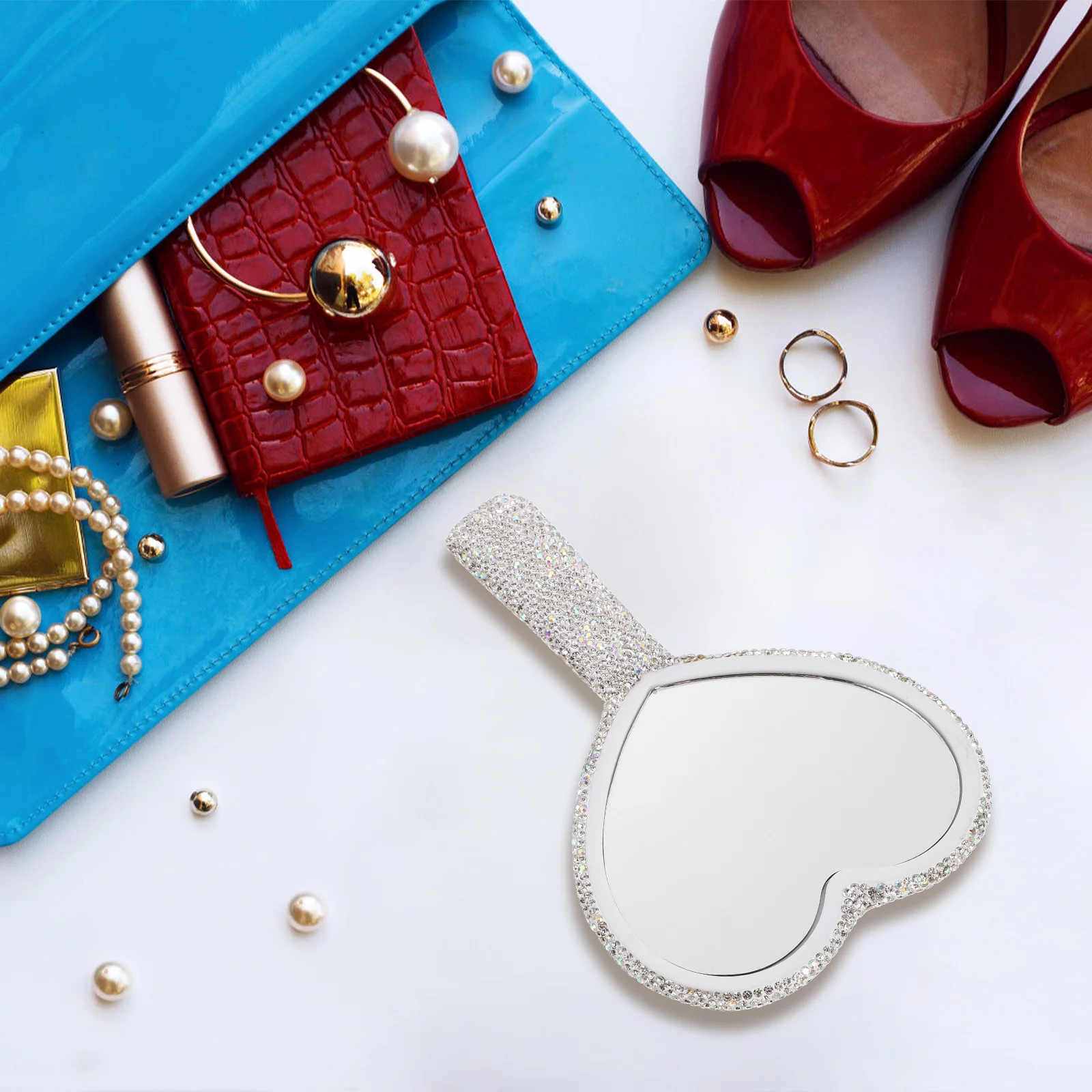 Heart Shaped Mirror Rhinestone Encrusted Frame Stylish Portable Makeup Mirror Clear Reflection Durable Build for Women Grooming