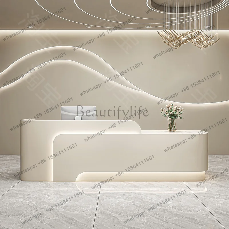 

LJY Best Wood Reception Desks Led Lights Design Curved Aesthetic Reception Desks Modern Beauty Comptoire Accueil Trendy Furnitur
