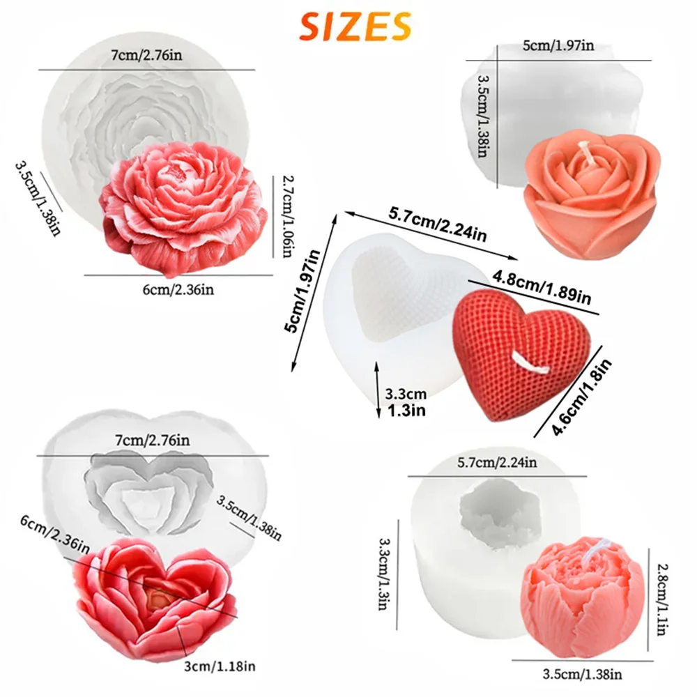 5PCS Floral Silicone Mold Set 3D Peony Rose Heart Flower Mold for Scented Candles Clay Gypsum DIY Bouquet Valentine's Day Decor view 6