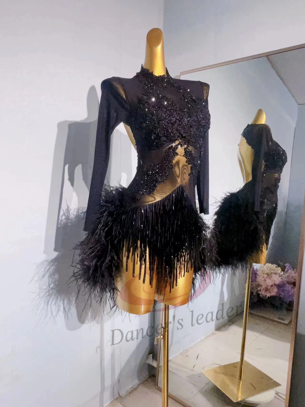 라틴 댄스 국제 무대 경연 대회 드레스 레이스 꽃 다이아몬드 플러시 테일 하이 엔드 맞춤형 삼바 드레스