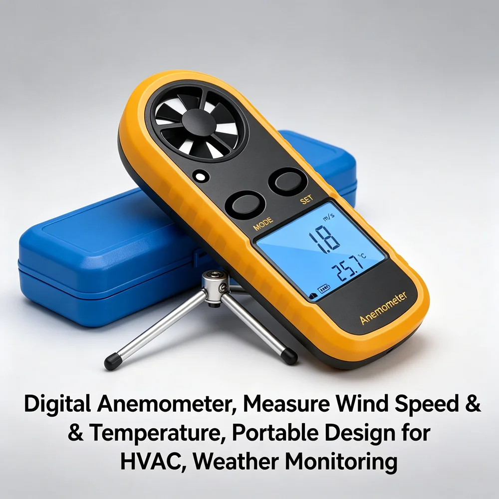 Ręczny anemometr cyfrowy z wyświetlaczem LCD i podświetleniem, do pomiaru prędkości wiatru i temperatury, do użytku na zewnątrz, żeglarstwa, dronów, testowania HVAC.