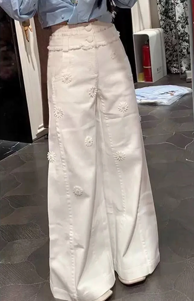 Y2k calças de perna larga femininas francês suave margarida bordado cintura alta branco perna reta jeans primavera outono novo estilo
