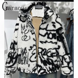 Garaouy 2022 Autumn Winter Men Lamb Wool Jacket Graffiti Print Stand Collar Warm Coat Loose All-match Outwear Male Streetwear