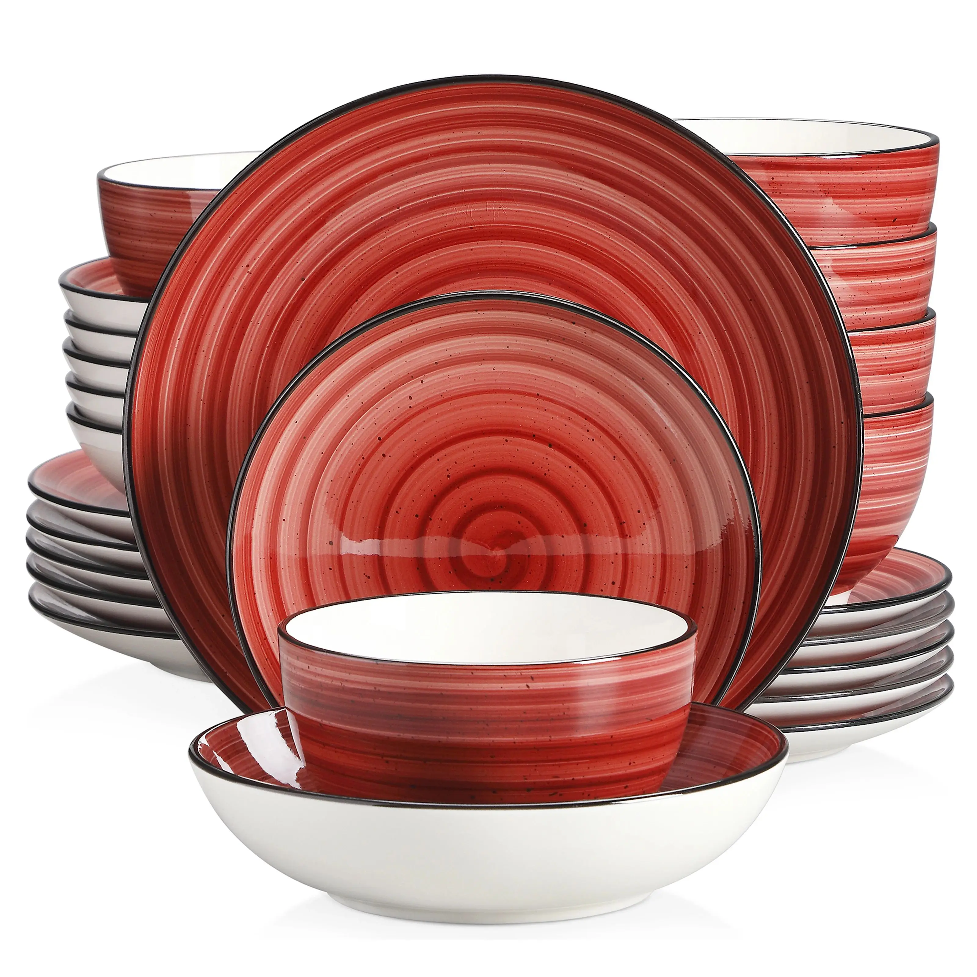 

VANCASSO BONBON Red 24/48-Piece Handpainted Spirals Stoneware Dinner Combi-Set with Bowl,Dessert Plate,Soup Plate,Dinner Plate