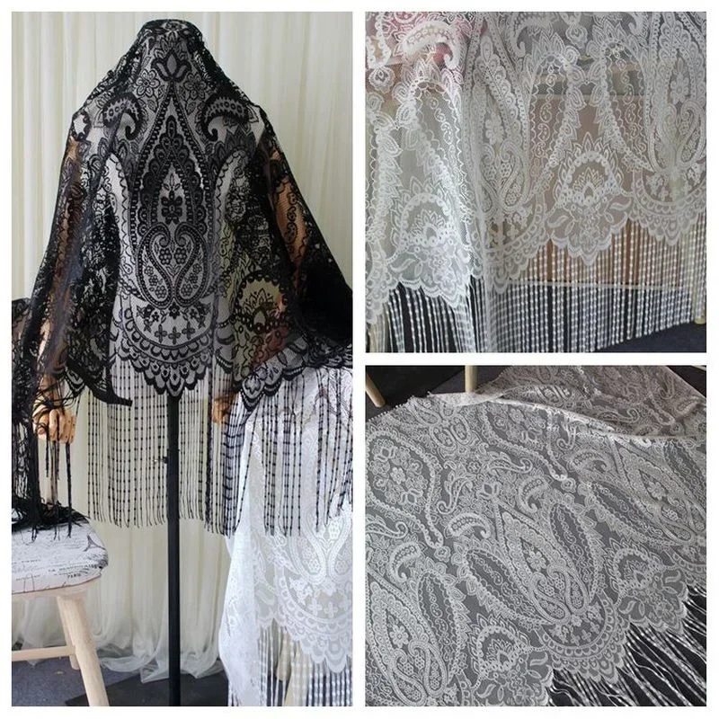 

1.3x1.5Meters High Quality Exquisite Long Tassel and Non-elastic Lace Fabric