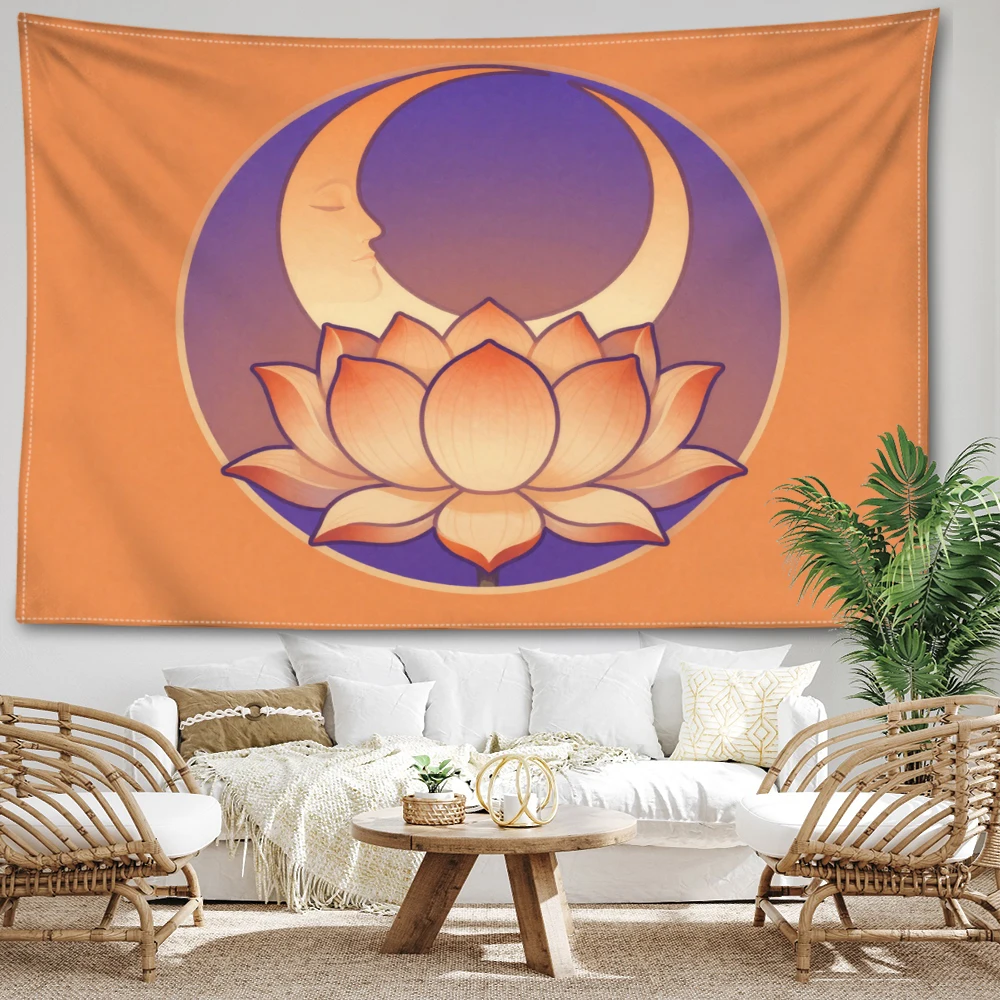 Orange Purple Circle Crescent Moon Lotus Wall Tapestry, Spiritual Boho Decor