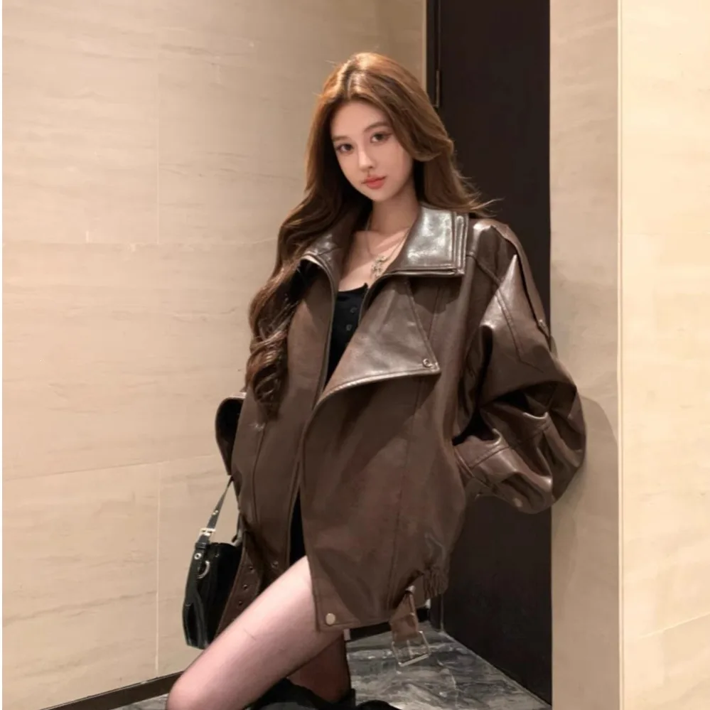 Black Retro Motorcycle Collar PU Leather Jacket Women Cool Style Spring Autumn New Style Leather Jacket Top Sportswear