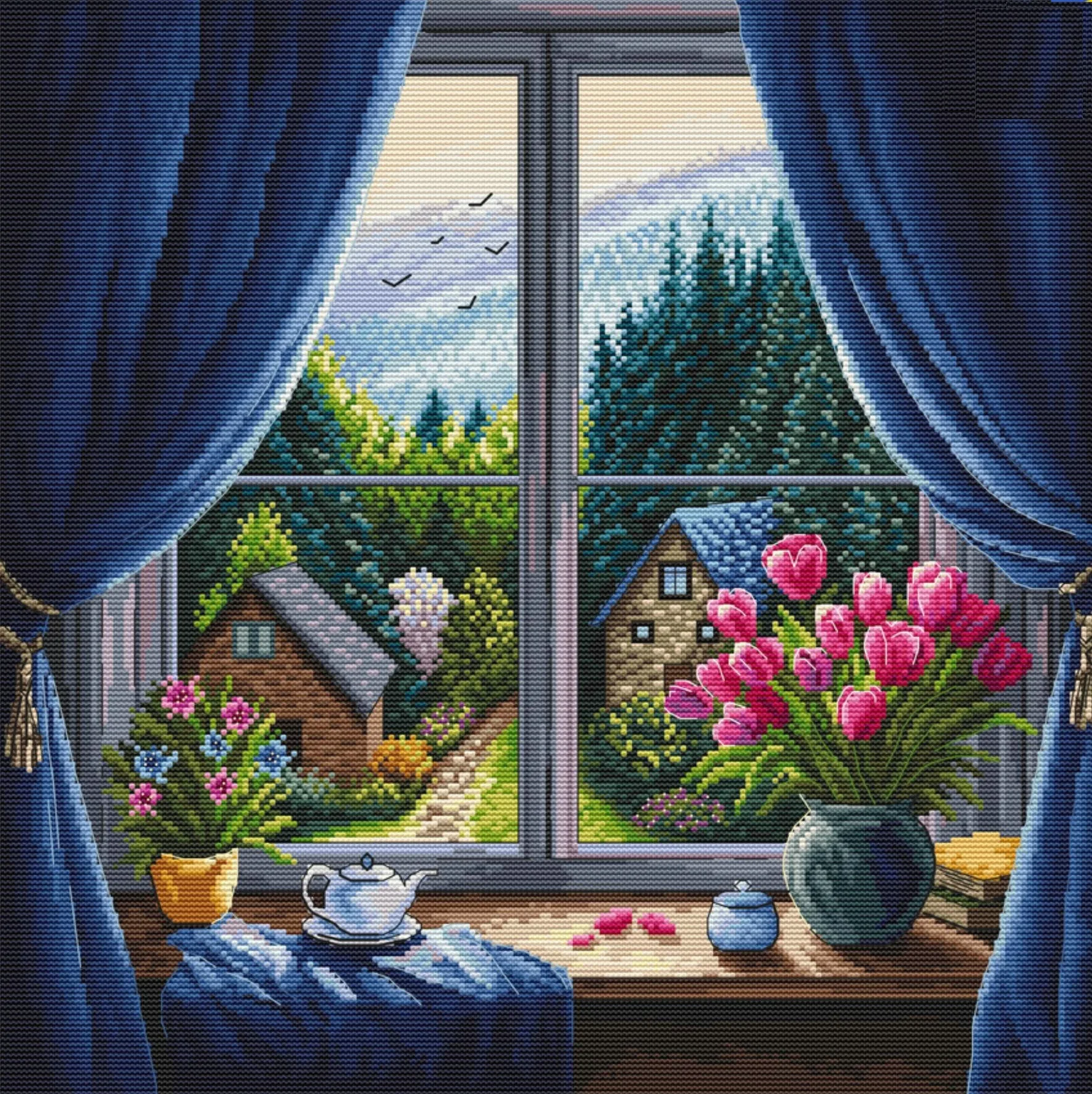 Cross stitch Kit  Canvas Cross Stitch Embroidery Set 24-Tulip window sill 47-47 Cross Stitch Set