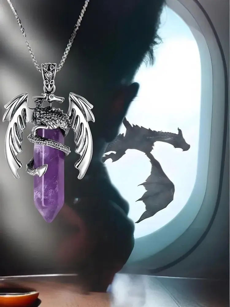 

Natural Amethyst Pink Crystal Tiger Eye Stone Retro Pendant Necklace Flying Dragon Alloy Necklace Accessory