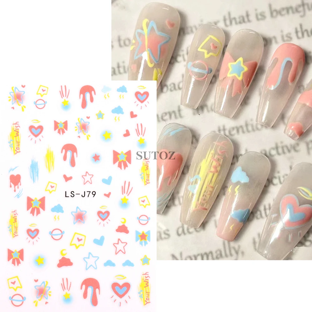 Cartoon Heart Nail Art Stickers Graffiti Anime Decals Moon Stars Sliders for Nails Japanese Style Manicure Decoration LEBLS-J79