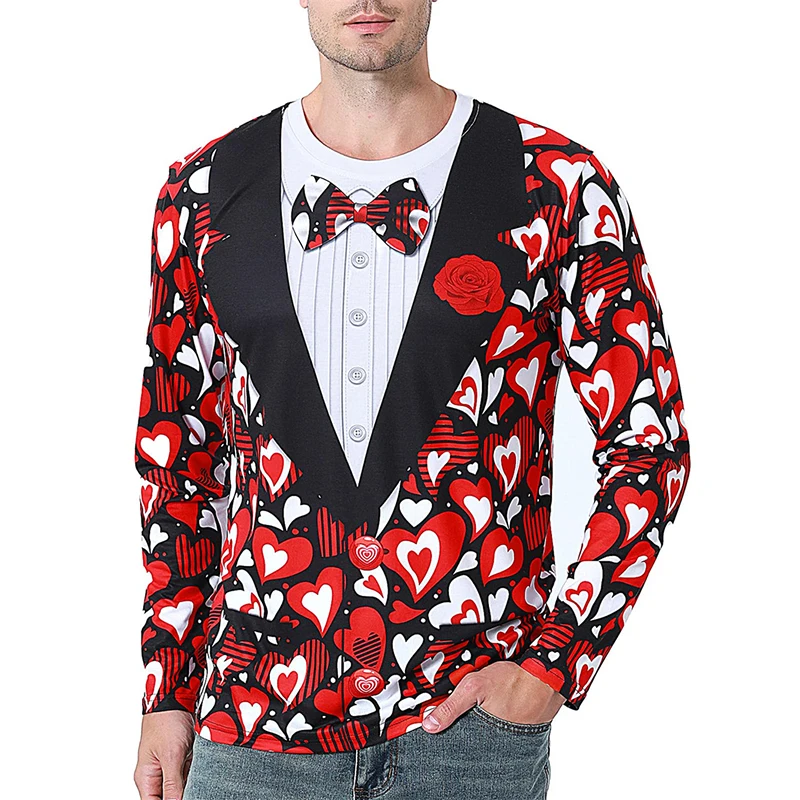 

Festival Party Funny Cosplay 3D Print Long Sleeve T-shirt For Men Women Fake Lapel Stripe Design Round Neck T Shirts Autumn Gift