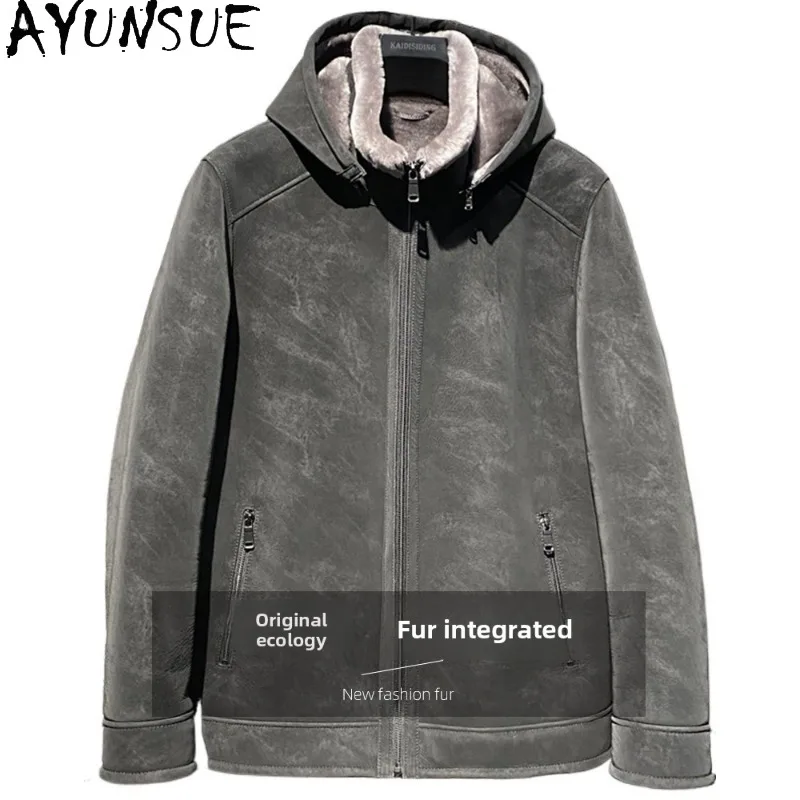 AYUNSUE Natural Sheep Shearling Fur Coat Mens Luxury Winter Sheepskin Men's Leather and Fur Coats Warm New Куртка Мужская Grey