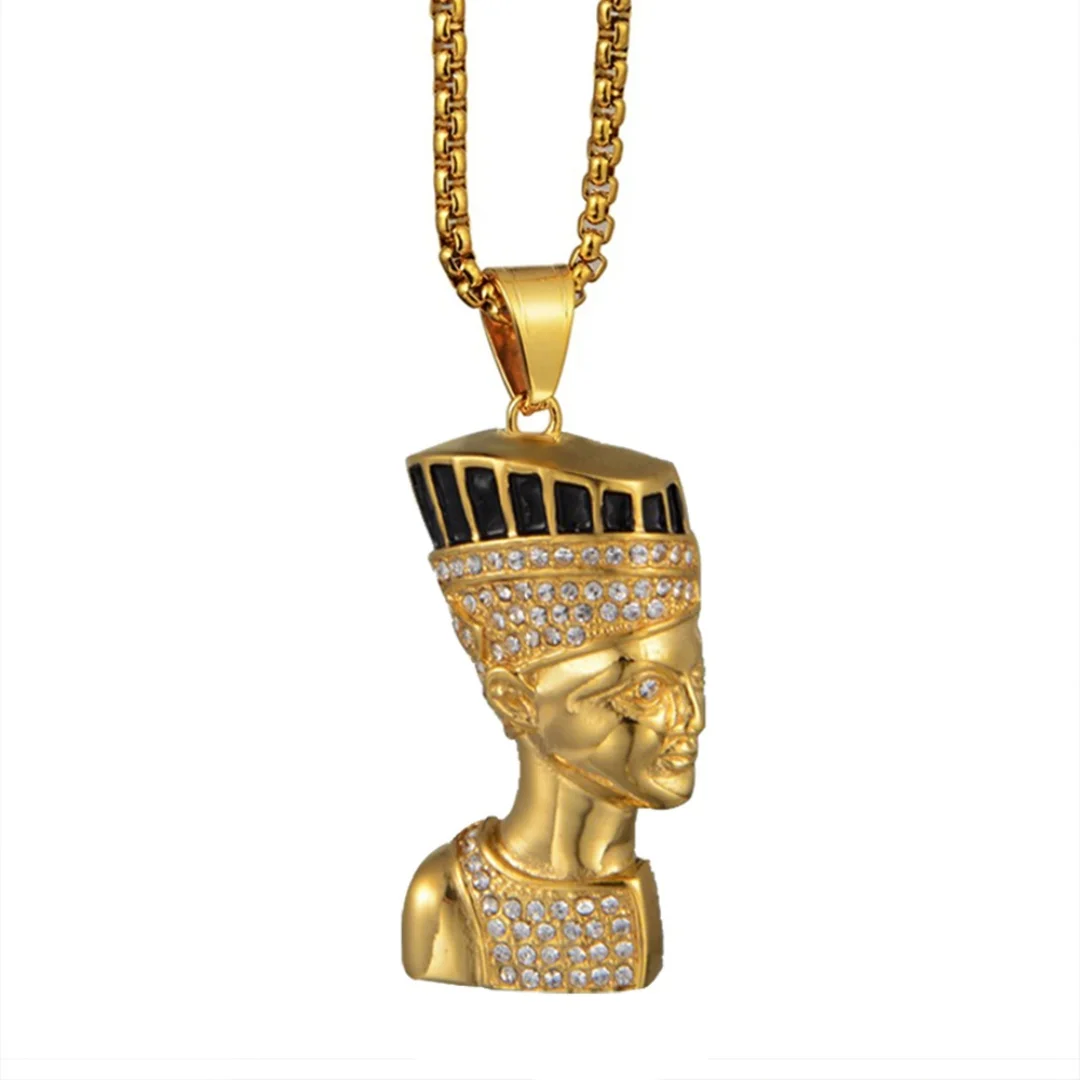 

Ancient Egypt Iced Out Tennis CZ Pharaoh Head Pendant Gold Color Stainless Steel Chain Necklace for Women Men Egyptian Jewelry