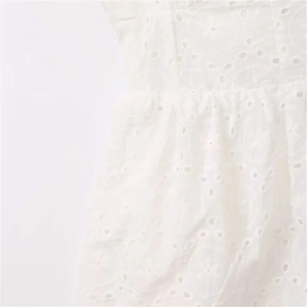 2024 ZAR4 summer new women\'s round neck slim shoulder strap fashionable backless white hollow embroidery MIDI dress