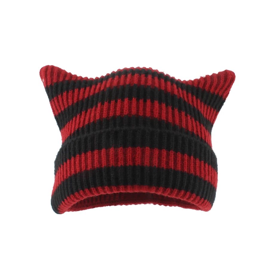 New Cat Ears Knitted Cute Beanie Hat For Women Girls Ins Skullies Striped Wool Cap Winter Korean Super Soft Pullover Bonnet