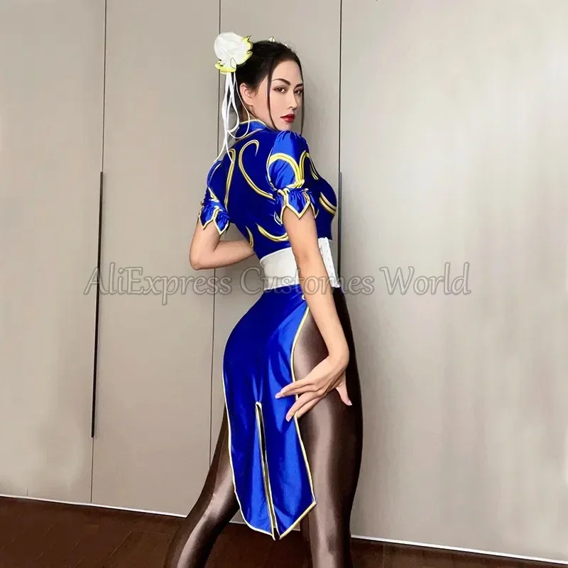 SN66 juego Street Chun Li disfraces Cosplay Sutorito Faita vestido Cheongsam azul cinturón tocado con mujeres niñas ropa Halloween y