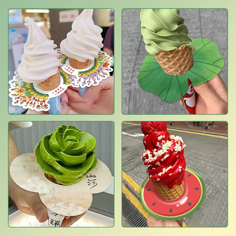 60Pcs Disposable Cones Tray DIY Ice Cream Cone Holder Printing Paper Cover Sleeve Home Truck Summer Beach Party Supplies