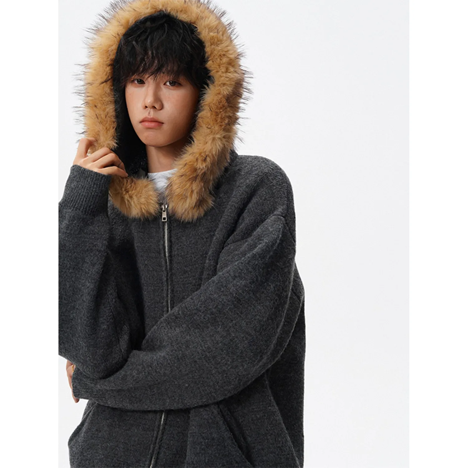 سترة صوفية بياقة من الفرو قابلة للفصل للرجال، سترة بغطاء للرأس بسحاب على الطراز الأمريكي العتيق، معطف دافئ محبوك