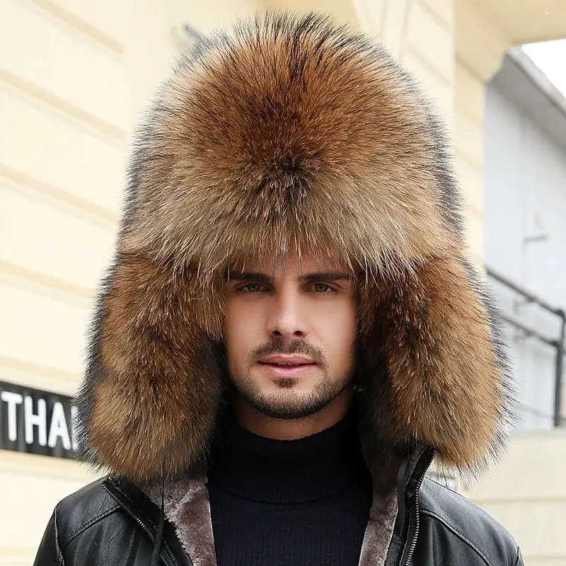 Fur Ushanka Men's Middle-Aged and Elderly Universal Winter Thickening Raccoon Northeast Full Hat Genuine Leather