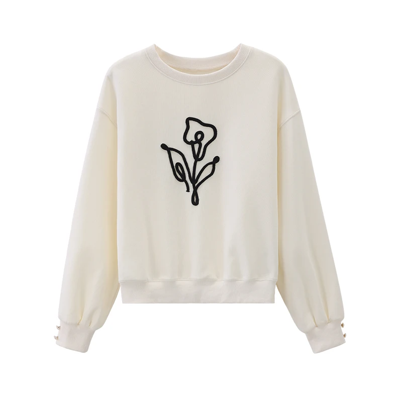 ALXNAN Women's Sweatshirts Apricot Round Neck Flower Pattern Lace Stitching Pullover Autumn Loose-fit Long Sleeve Tops L569106