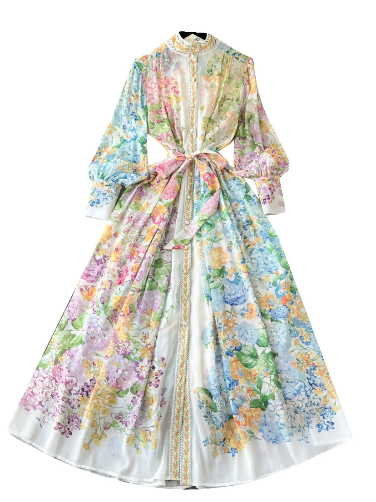 Frühling Herbst Frauen bedrucktes Kleid eleganter Stehkragen Puff ärmel einreihiges langes Kleid französischer Stil weibliche Vestidos